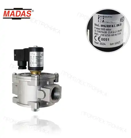 M16/RM DN25, N.C., максимальное давление 500mbar, Rp 1" резьба 230 VAC 50-60 Hz ручной возврат