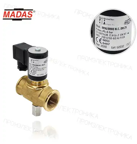 M16/RMO , ручной возврат, N.C., P.max 6bar. латунь резьбовая Rp 1", 230Vac 50-60Hz CO04C0000-008