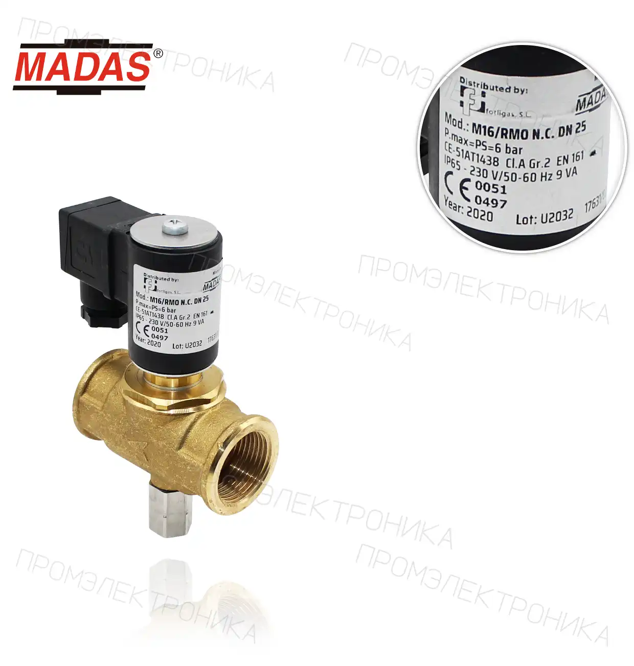 M16/RMO , ручной возврат, N.C., P.max 6bar. латунь резьбовая Rp 1", 230Vac 50-60Hz CO04C0000-008