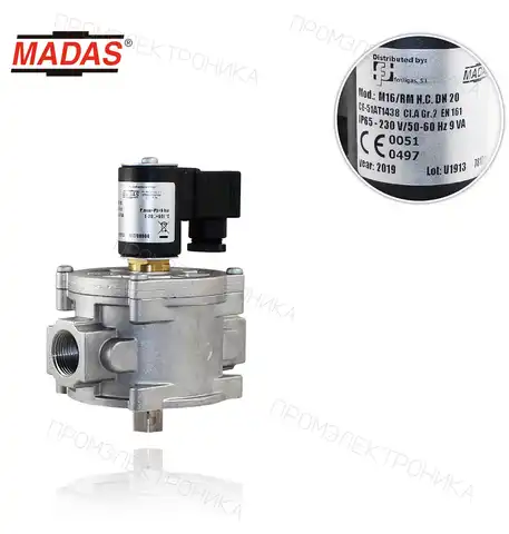 M16/RM DN20, N.C., максимальное давление 6bar, Rp 3/4" резьба 230 VAC 50-60 Hz ручной возврат