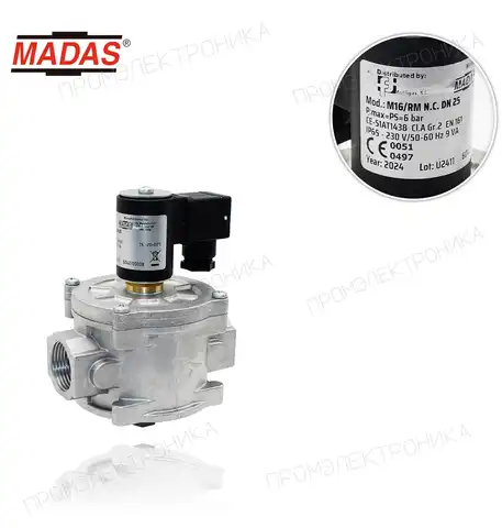M16/RM DN25 ручной возврат, N.C., максимальное давление 6bar, Rp 1" резьба, 230 VAC 50-60 Hz