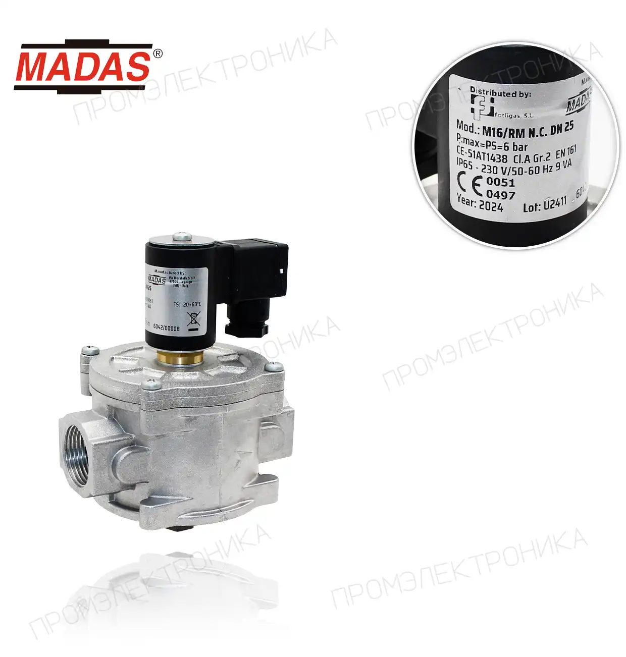 M16/RM DN25 ручной возврат, N.C., максимальное давление 6bar, Rp 1" резьба, 230 VAC 50-60 Hz